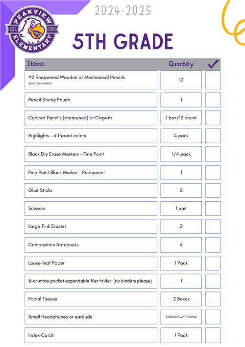 5th Grade Supply List 